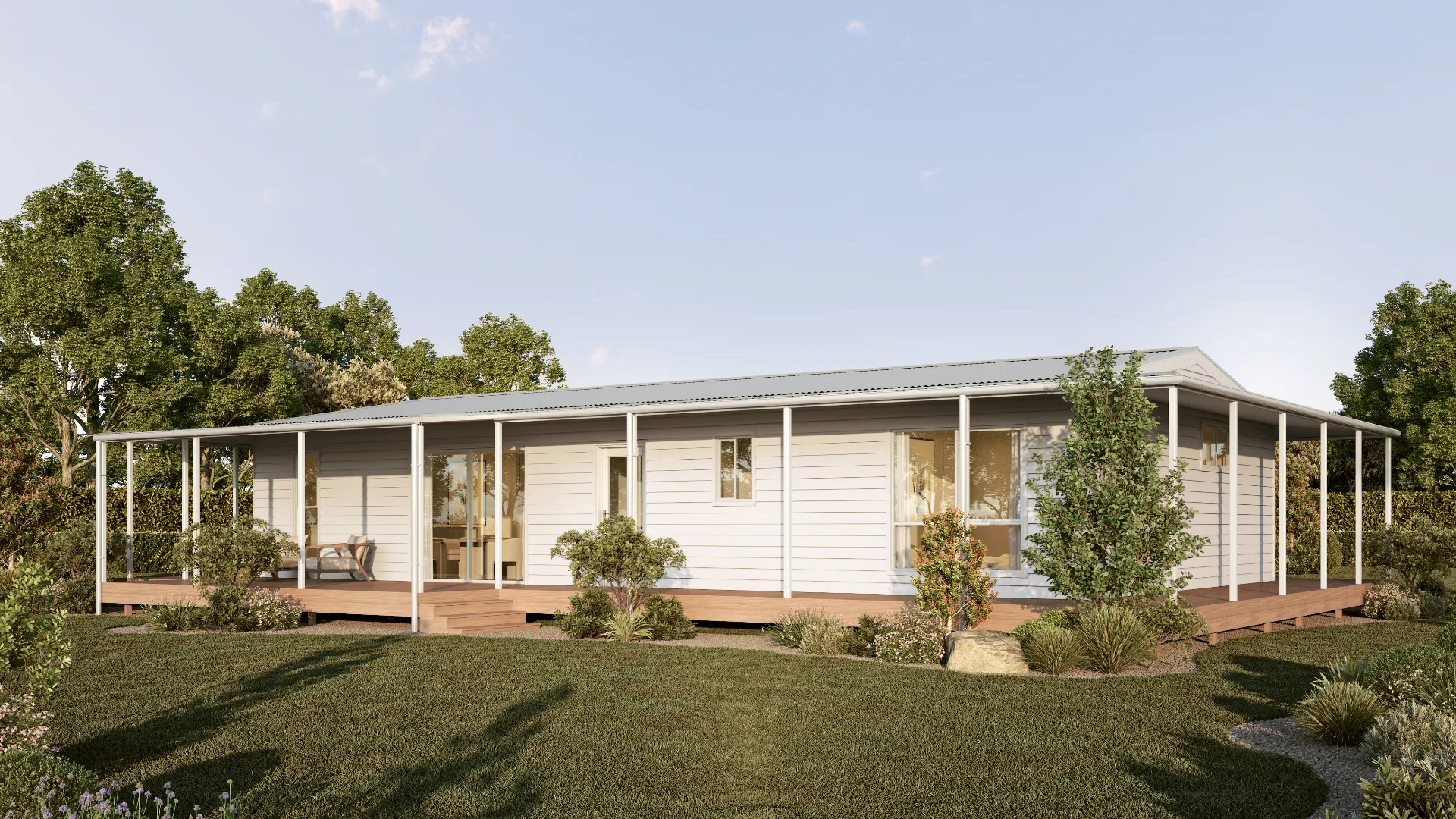 Single-story white farmhouse with a wraparound porch
