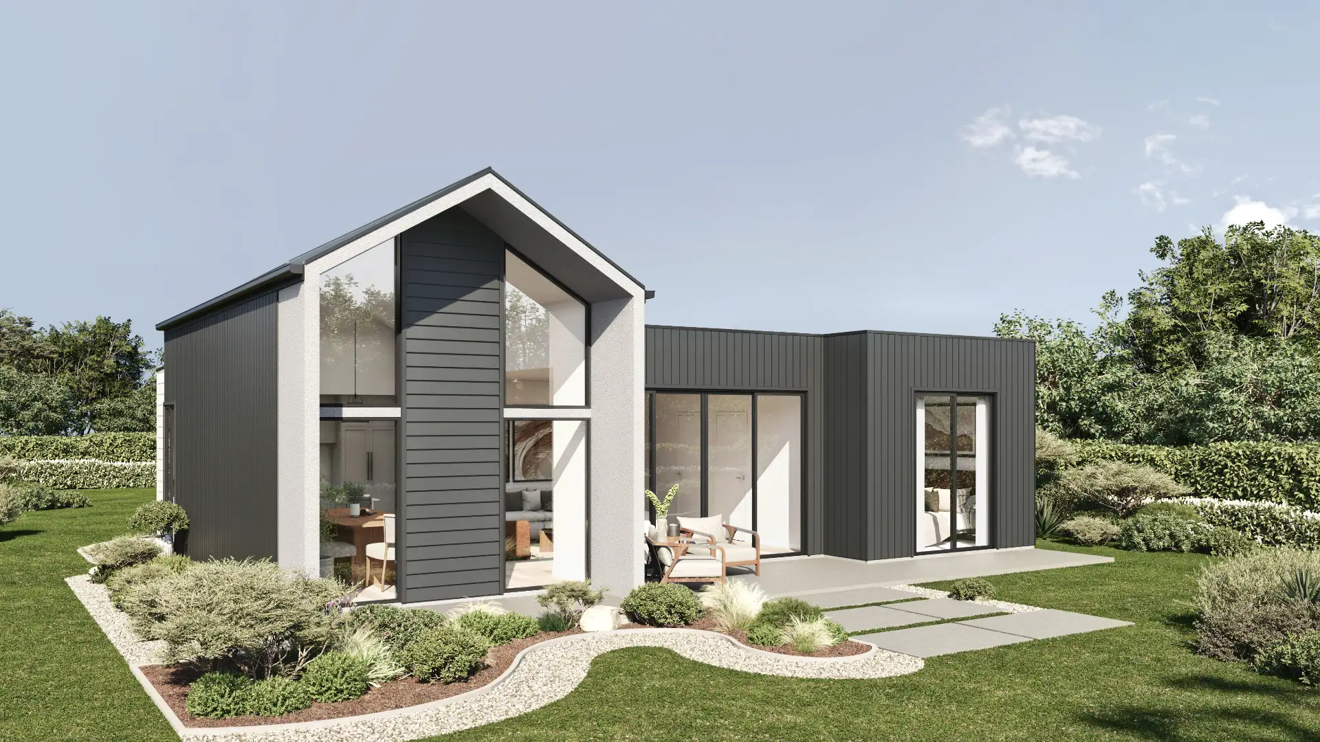 Barn-style home with dark vertical cladding and a tall glazed gable — architectural visualization by Aurum Render