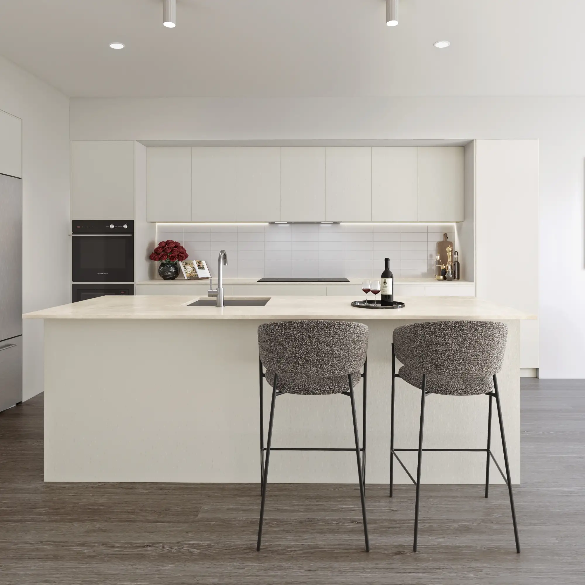 White kitchen with a stone-topped island and gray stools — architectural visualization by Aurum Render
