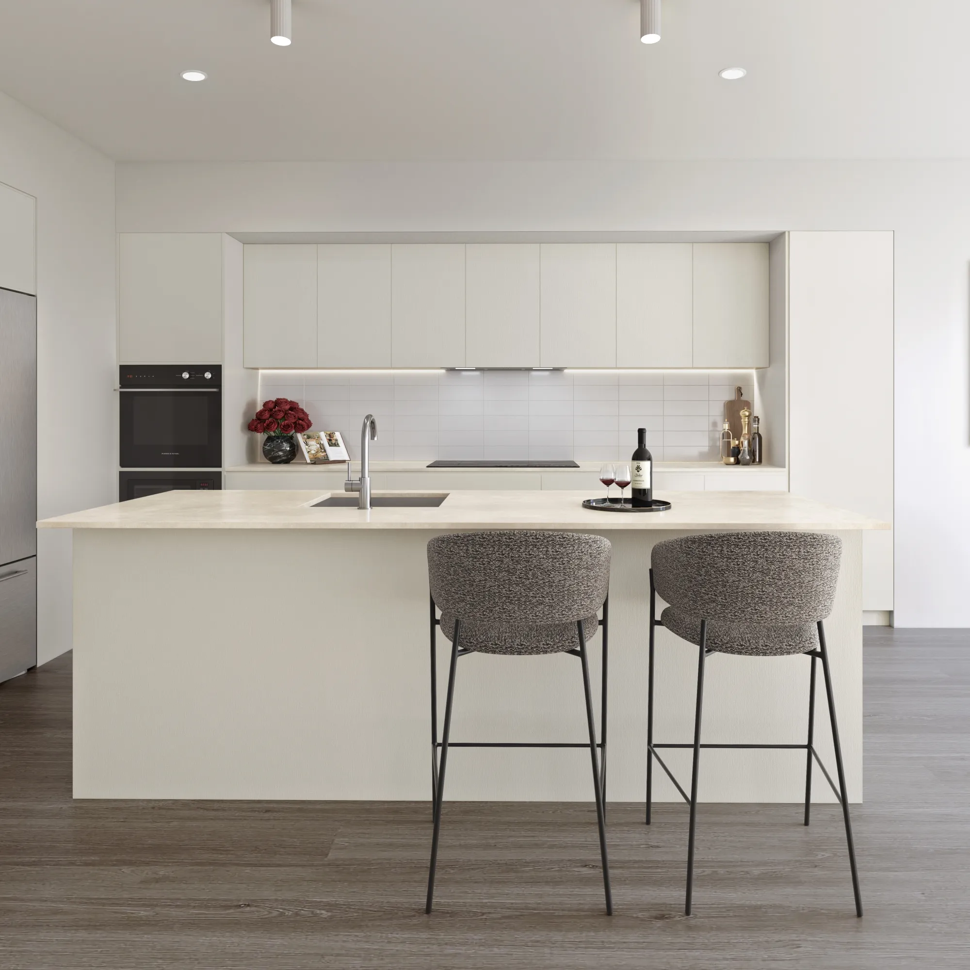 Kitchen Finish Options: White kitchen with a stone-topped island and gray stools