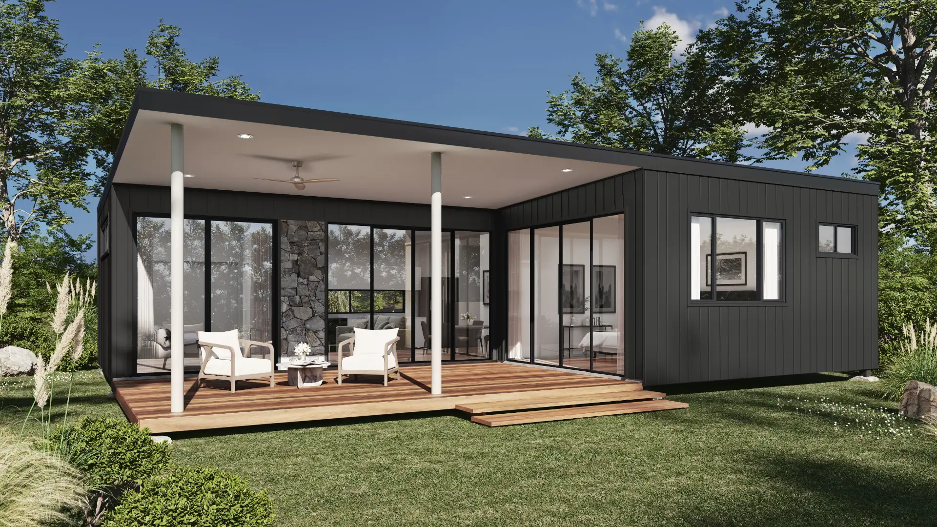 Dark-clad modular home with a covered wood deck — architectural visualization by Aurum Render