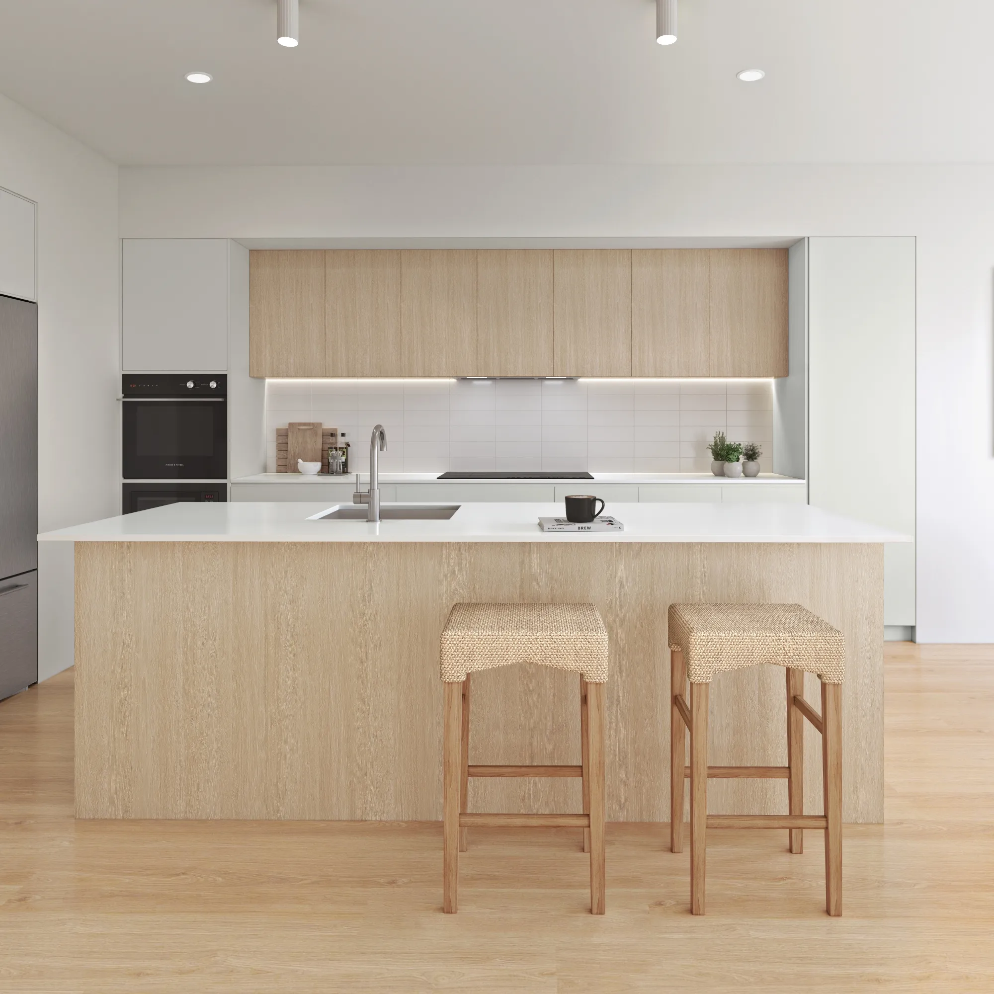 Kitchen Finish Options: Kitchen with wood cabinetry, a white countertop and rattan stools