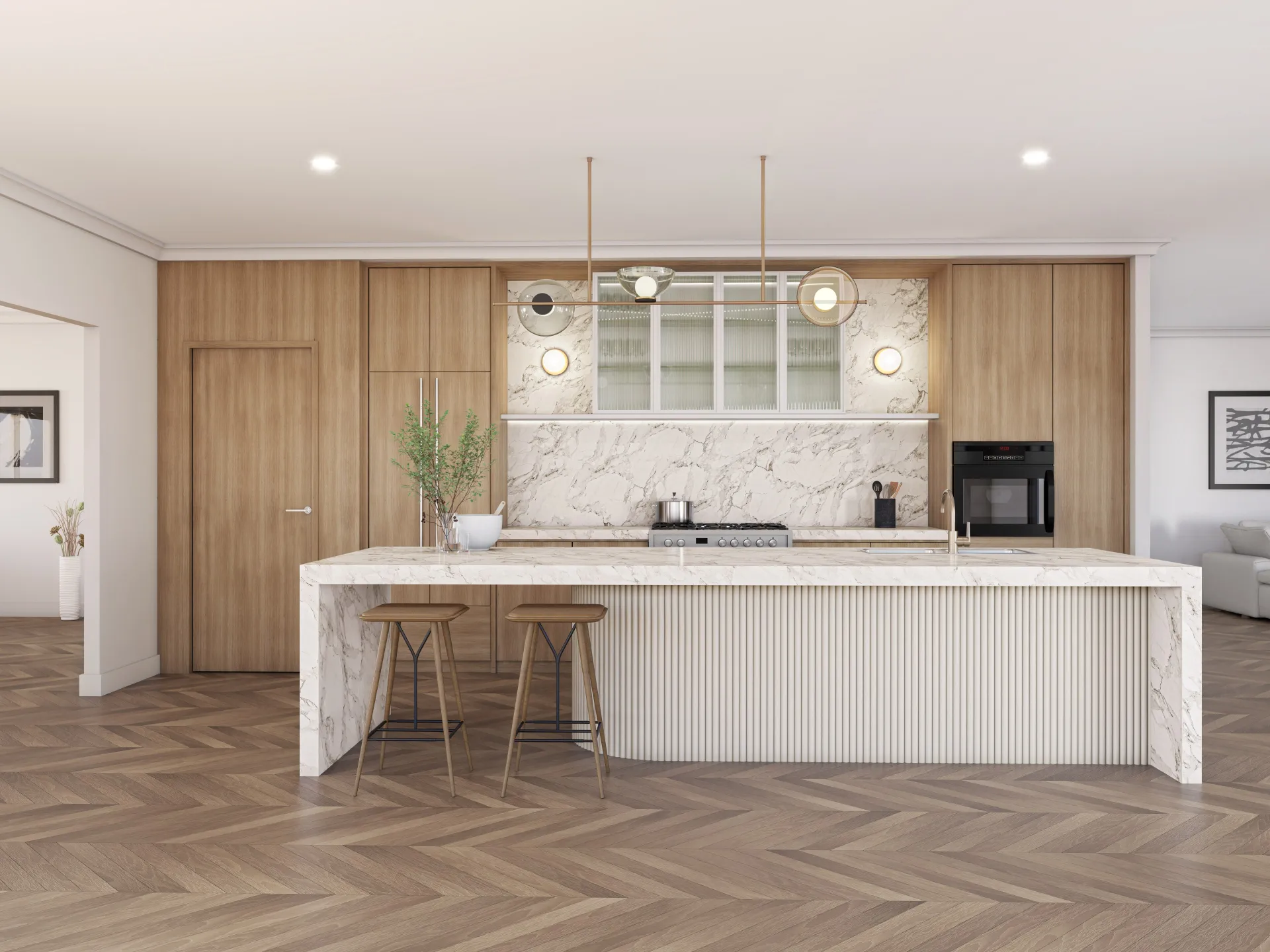 Kitchen with a fluted island, veined marble and a herringbone floor