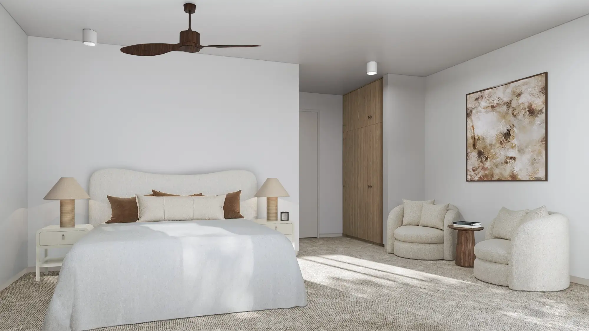 Bedroom with an upholstered bed, an armchair and a ceiling fan — architectural visualization by Aurum Render