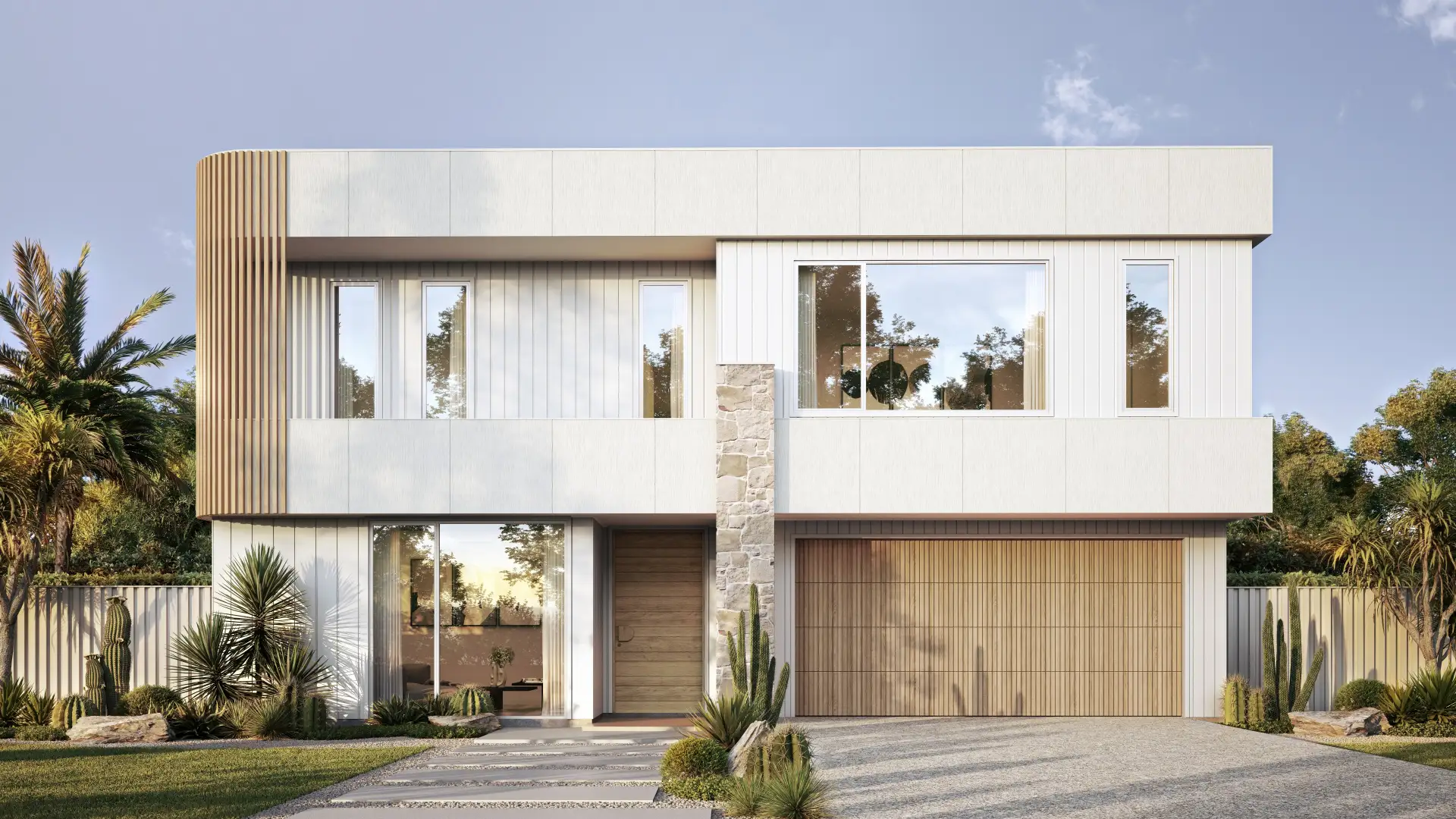 Two-story modern home with wood slats, stone and white panels — architectural visualization by Aurum Render