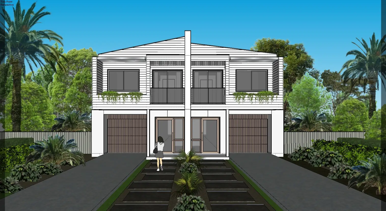 Coastal-style two-story duplex with a central gable — architectural visualization by Aurum Render