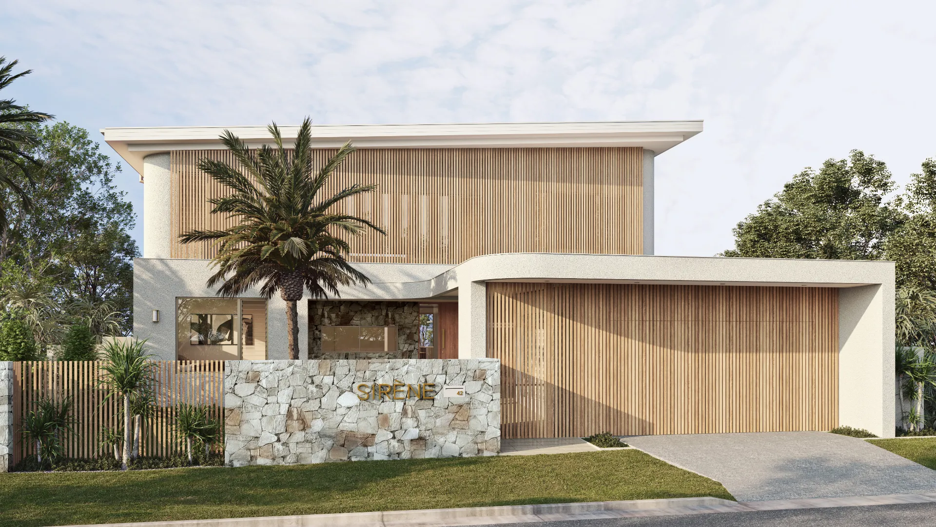 Two-story contemporary home with wood siding, a stone wall and a palm