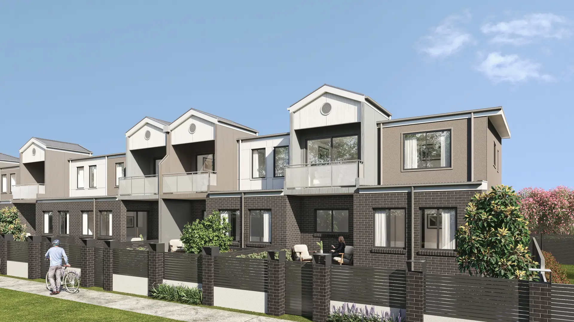 Row of brick townhouses with slatted front fences — architectural visualization by Aurum Render