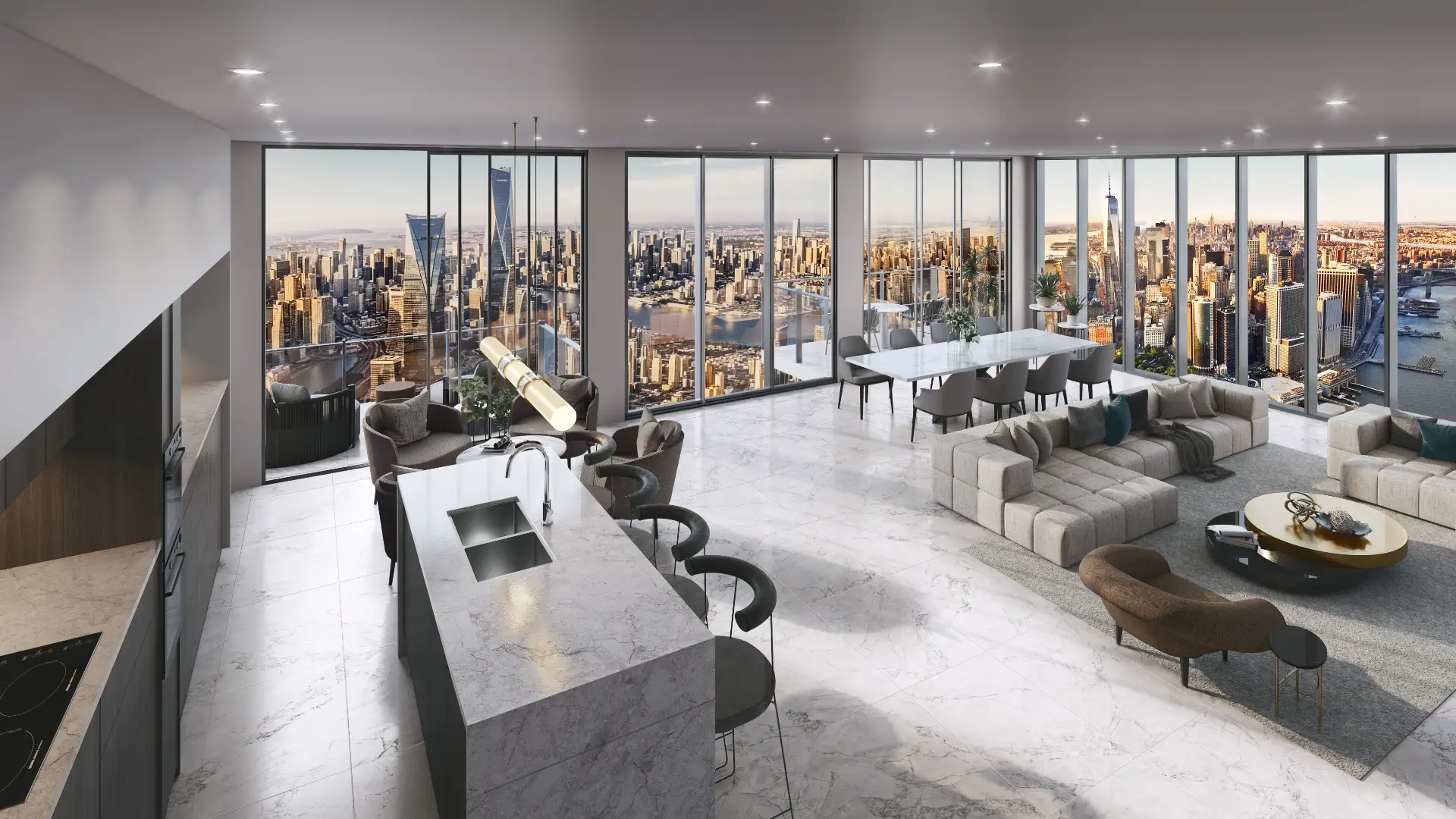 High-floor apartment with a marble island and a city skyline view — architectural visualization by Aurum Render