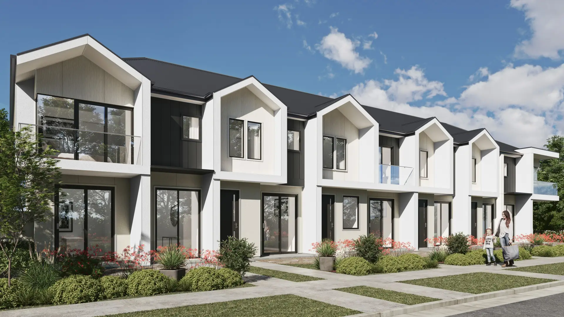 Row of two-story gabled townhouses — architectural visualization by Aurum Render