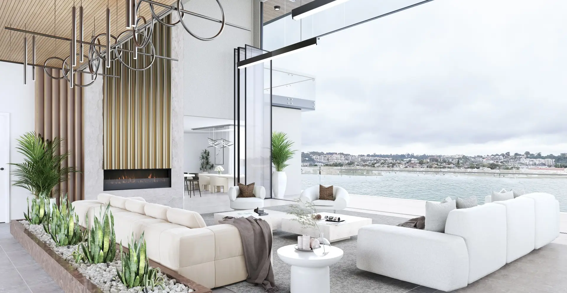 Double-height living room open to the water, with a fireplace and sculptural pendant — architectural visualization by Aurum Render