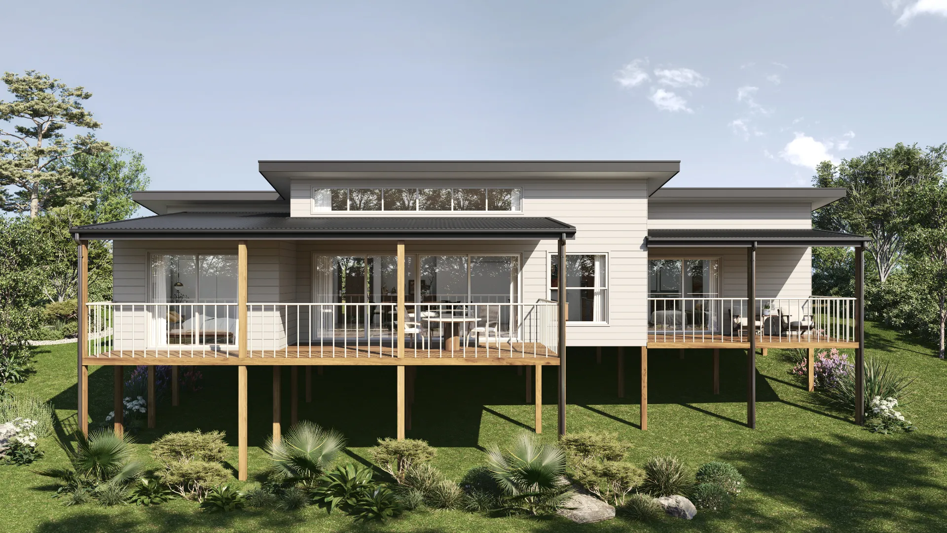 Elevated clapboard home with a wide wood deck
